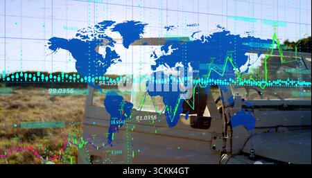 Displaying aircraft fuselage blending with airfield and overlaying world map and charts, copy space Stock Photo
