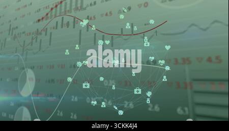 Displaying user icon network on dashboard, showing hearts crosses pill molecules with line graphs Stock Photo