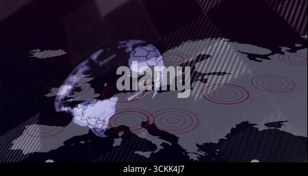 Displaying 3D globe overlaying Europe map on interface, with red circle markers, stripe overlay Stock Photo