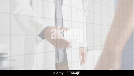 Extending female doctor offering handshake inside clinic, with coffee cup, plant, grid overlay Stock Photo