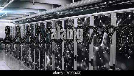 Displaying server cabinets showing waveform overlay, node graphics in data center, cable trays Stock Photo