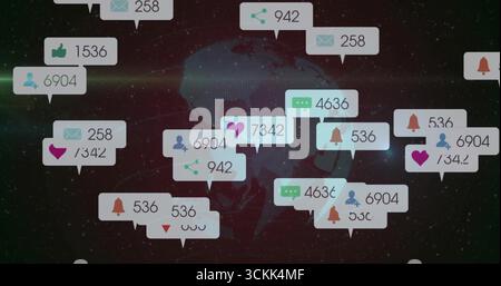 Orbiting digital Earth globe in star field, showing floating social media notification bubbles Stock Photo