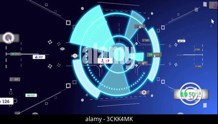 Displaying central HUD interface floating in virtual dashboard, with segmented arcs and data labels Stock Photo