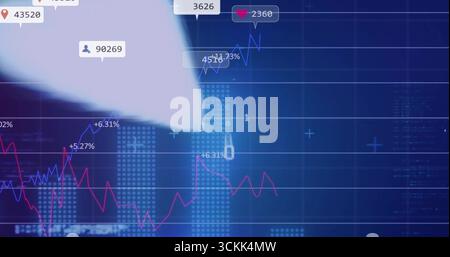 Displaying data dashboard on screen, with dotted bar charts, two-color line graphs and UI callouts Stock Photo