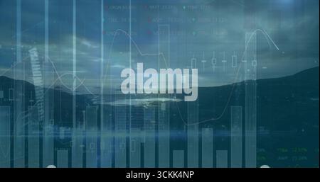 Displaying trading view overlaying coastline at dusk, with chart elements, stock tickers, gridlines Stock Photo