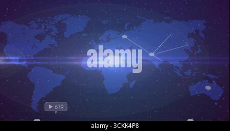 Displaying world map at dashboard, with network nodes, lens flare, UI overlay showing play icon 619 Stock Photo
