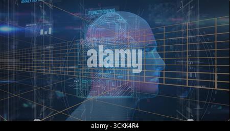 Displaying circuit head silhouette hovering in holographic panel, with grid lines and code snippets Stock Photo