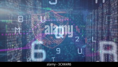 Displaying shield with padlock in network with streaming code, candlesticks and glowing points Stock Photo