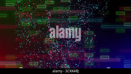 Displaying cyan magenta particles floating in data space, with green pink blue outlines and bars Stock Photo