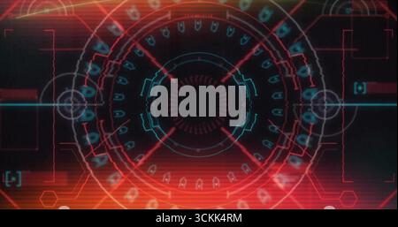 Displaying circular HUD glowing in virtual UI, with concentric circles, reticle, radial grid lines Stock Photo