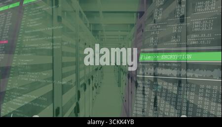 Streaming code overlays across data center corridor, showing server racks and encryption status bar Stock Photo