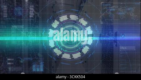 Displaying holographic circular HUD in data hub, with scanning beam, data panels, world map overlay Stock Photo