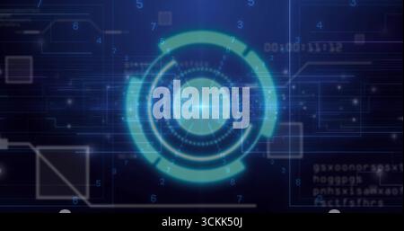 Displaying central HUD graphic within digital interface, with glowing rings and numeric labels Stock Photo