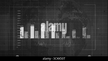 Displaying central bar chart in analytics dashboard, with value labels, gridlines, world map Stock Photo