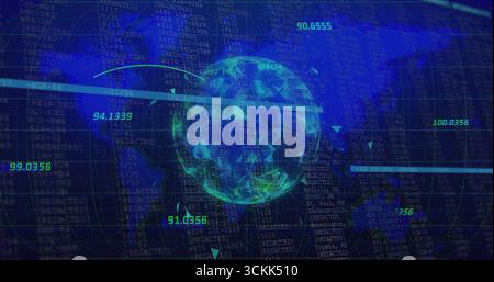 Displaying low-poly globe rotating on digital interface, with grid overlay, numbers and code Stock Photo