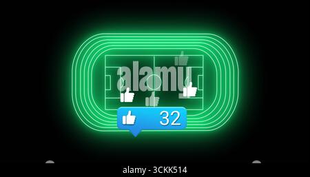 Displaying neon design showing track and pitch on black, with thumbs-up icons and bubble showing 32 Stock Photo