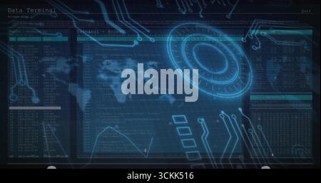Displaying console interface at computer terminal with code panels, world map overlay and radar HUD Stock Photo