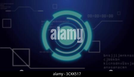 Displaying holographic HUD element glowing on digital panel, with binary digits and code overlays Stock Photo