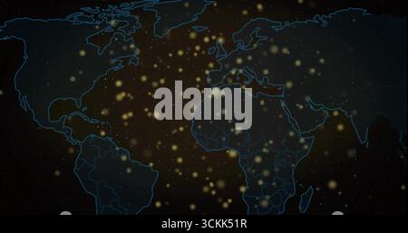 Displaying neon blue outlined world map showing glowing data nodes on dashboard, with grid overlay Stock Photo