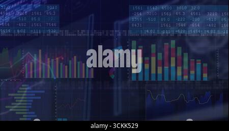 Displaying dark-themed dashboard in software interface, with data panels and bar and line charts Stock Photo