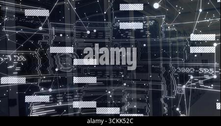 Displaying digital network overlay showing data flow in server room, with server racks, LED lights Stock Photo