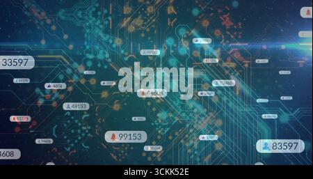 Displaying glowing digital network in dark digital interface, with floating data labels and nodes Stock Photo