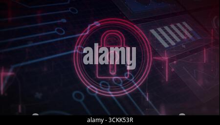 Displaying neon pink padlock icon glowing within concentric rings in dashboard, with circuit traces Stock Photo