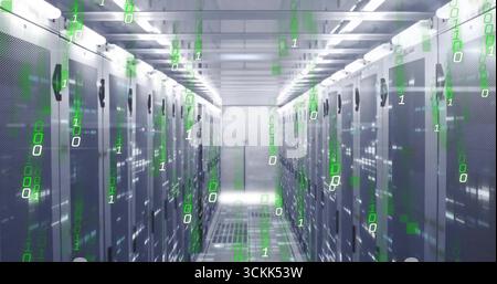 Displaying aisle in data center with server racks, LED indicators, network switches, binary overlay Stock Photo