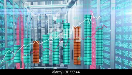 Displaying central server racks streaming metrics in data center corridor, with digital overlays Stock Photo