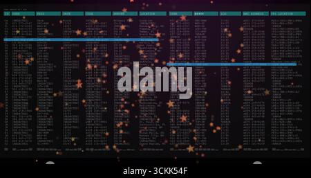 Displaying terminal window showing data table on monitor at dark desk, star-shaped bokeh overlays Stock Photo