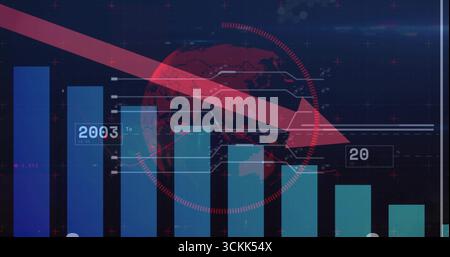 Displaying bar chart with globe map on dashboard, descending red arrow over labels 2003 and 20 Stock Photo