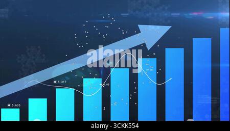 Displaying upward-trending bar chart on digital dashboard, with line graph data labels and arrow Stock Photo