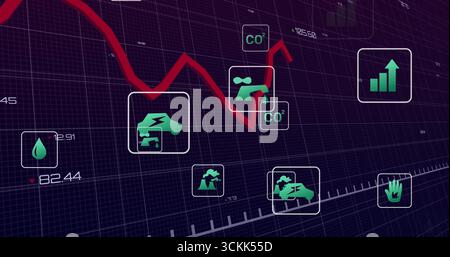 Displaying jagged red trend line spanning dashboard, with environmental icons and numeric readouts Stock Photo
