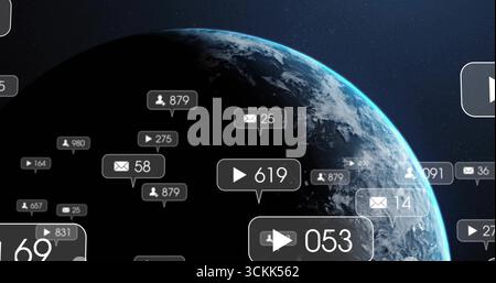 Floating social media counters around curved Earth hemisphere in outer space, with numeric icons Stock Photo