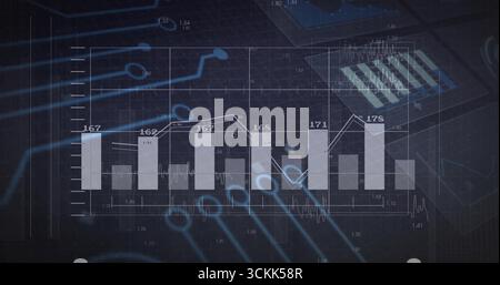 Displaying bar and line chart with points on grid, inset, circuit traces in analytics interface Stock Photo