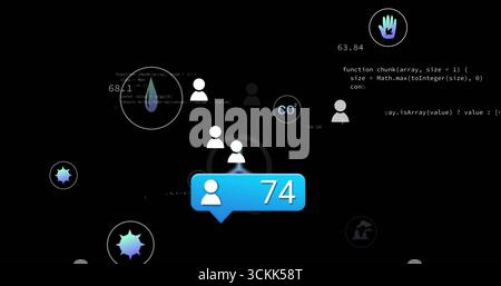 Displaying blue notification bubble showing user icon and number 74 on interface, with data visuals Stock Photo