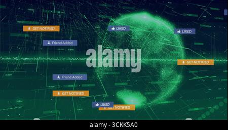 Rotating green point-cloud globe pulsing within network hub, with social media notification badges Stock Photo