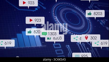 Showing central circular HUD glowing in data dashboard, with notification bubbles and bar chart Stock Photo