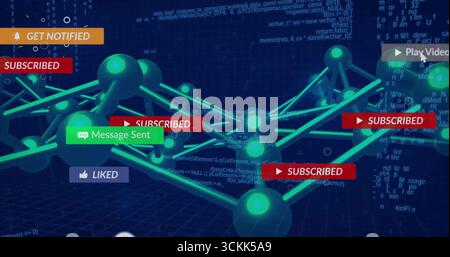 Displaying glowing teal network spheres connecting in virtual data space, with UI notifications Stock Photo