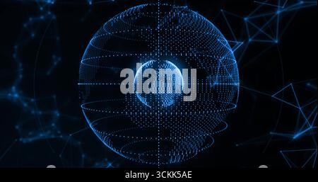 Floating blue sphere in digital void, showing inner dot-matrix globe and wireframe and network mesh Stock Photo