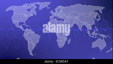 Displaying white-outline world map on blue gradient digital display, with horizontal waveform lines Stock Photo