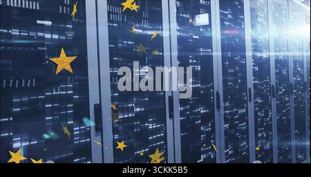 Displaying server racks with glass doors revealing LEDs in data center, with gold stars floating Stock Photo
