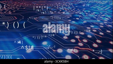 Displaying neon circuit traces with glowing nodes in virtual space, featuring floating code symbols Stock Photo