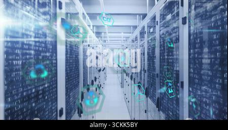 Displaying server racks with network cables, LED panels in data center, with binary code streams Stock Photo