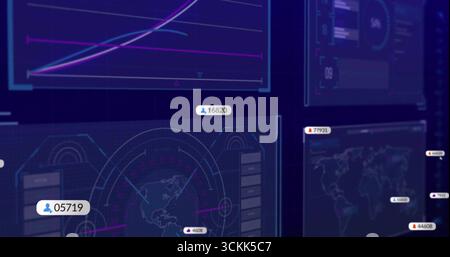 Showing data UI on screen, with line chart, circular world map, panels and floating numeric labels Stock Photo