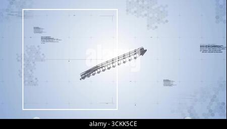 Displaying railcar schematic on interface, with overlay frame, grid, hexagon patterns and tech text Stock Photo