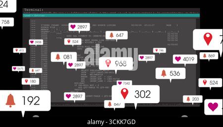 Displaying dark terminal showing code in coding workspace, with floating notification badges Stock Photo