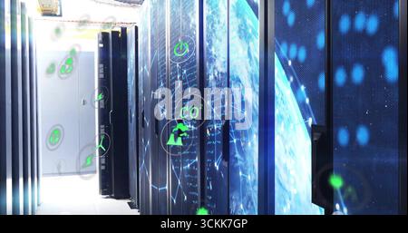 Displaying central server rack with network hardware CO? and globe icon in data center aisle Stock Photo