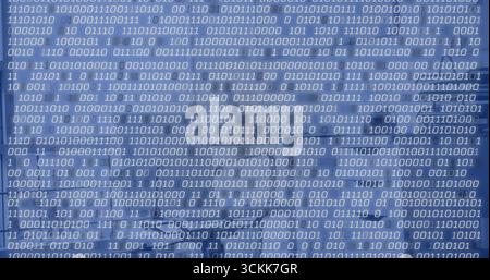 Streaming rows of binary digits scrolling across blue gradient interface, with binary code pattern Stock Photo