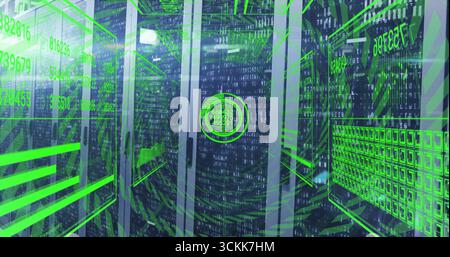Displaying server racks streaming green overlays at data center with cables and LED lights Stock Photo